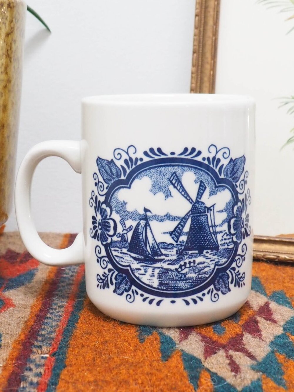 Vtg Blue Windmill Sailboat Mug - Vintage Delft Style Blue White Mug